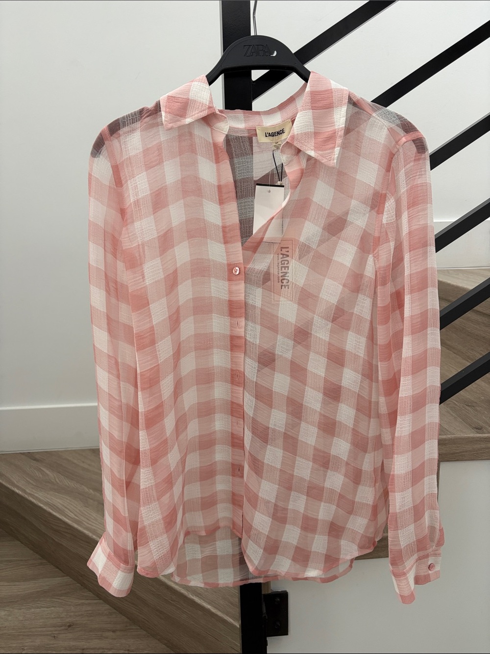 L'AGENCE sheer Pink and White Gingham Button-Up Shirt. Small.
